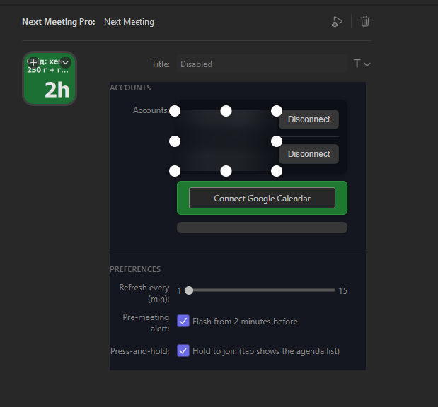 Next Meeting plugin settings panel with refresh, alert, and press-and-hold preferences